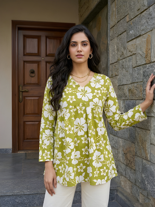 Women’s White-Parrot Cotton Printed Flared Kurti