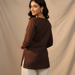 Women’s Brown Cotton Embroidered Short Tunic Top