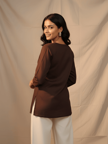 Women’s Brown Cotton Embroidered Short Tunic Top