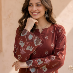 Women’s Maroon Cotton Kalamkari Bell Sleeve Tunic