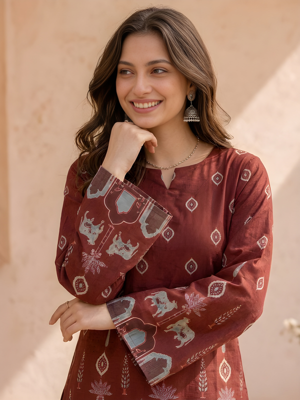 Women’s Maroon Cotton Kalamkari Bell Sleeve Tunic
