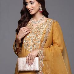 Women’s Chanderi Embroidered Kurta with Stitched Bottom & Organza Dupatta Set