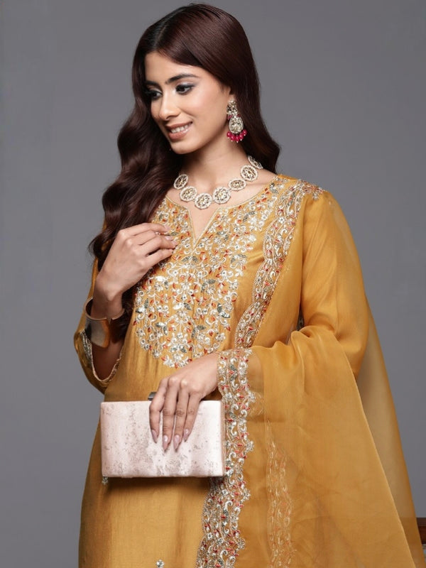 Women’s Chanderi Embroidered Kurta with Stitched Bottom & Organza Dupatta Set