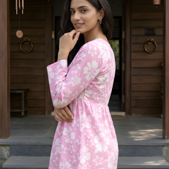 Women’s White-Pink Cotton Printed Flared Kurti
