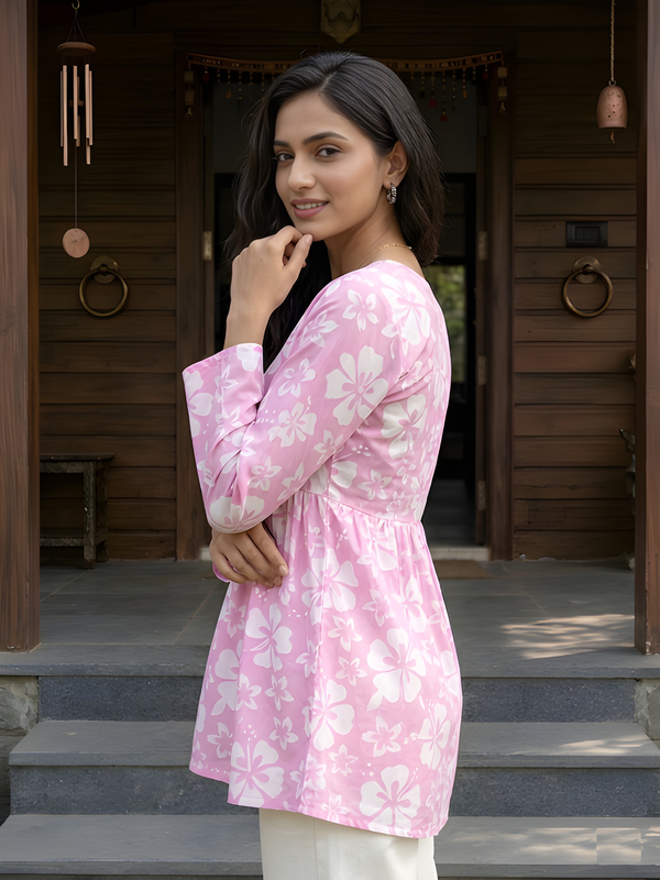 Women’s White-Pink Cotton Printed Flared Kurti