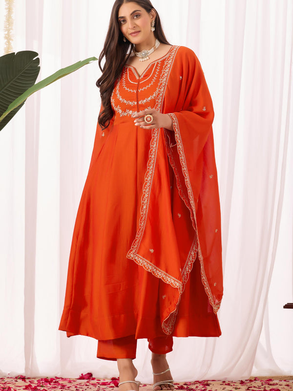 Vichitra Silk Embroidered Kurta Pant with Dupatta Set