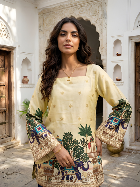 Women’s Off-White Cotton Kalamkari Tunic with Yellow Shine