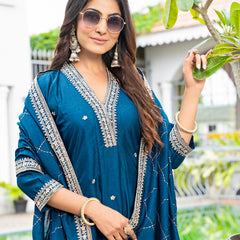 Women's Vichitra Silk Embroidered Kurta Pant Dupatta Set