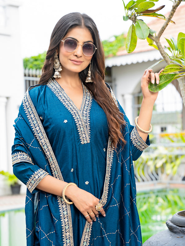 Women's Vichitra Silk Embroidered Kurta Pant Dupatta Set