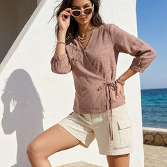 Women’s Dusty Rose Linen Cotton Embroidered V-Neck Top