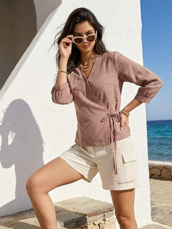 Women’s Dusty Rose Linen Cotton Embroidered V-Neck Top