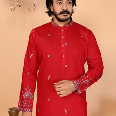 Men’s Heavy Linen Cotton Sequence Embroidered Kurta with Semi Cotton Chudidar