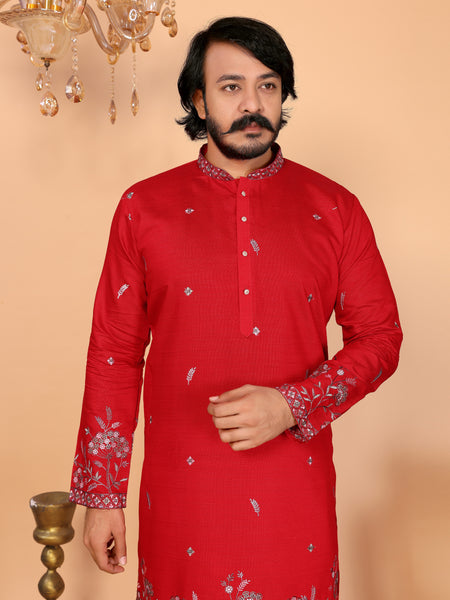 Men’s Heavy Linen Cotton Sequence Embroidered Kurta with Semi Cotton Chudidar