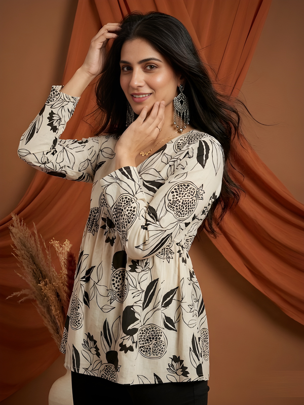 Women’s White-Black Cotton Printed Flared Kurti