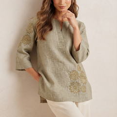 Women’s Olive Green Linen Cotton Embroidered Split V-Neck Top