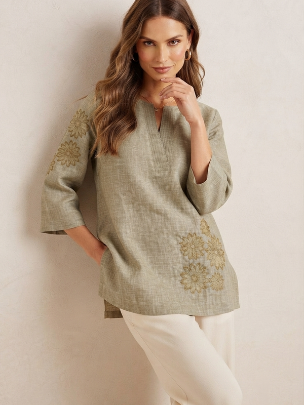 Women’s Olive Green Linen Cotton Embroidered Split V-Neck Top