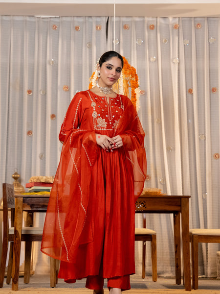 Women’s Chanderi Silk Embroidered Kurta with Chanderi Silk Bottom & Embroidered Chanderi Dupatta Set