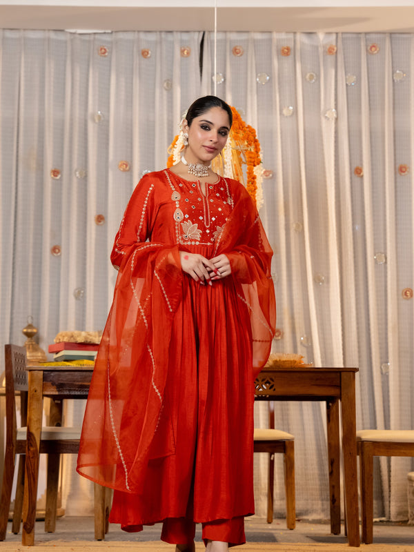 Women’s Chanderi Silk Embroidered Kurta with Chanderi Silk Bottom & Embroidered Chanderi Dupatta Set