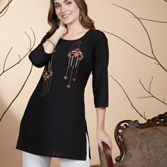 Black Casual Rayon Handwork Tunic Top for Women