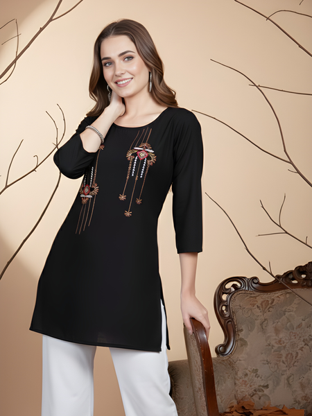 Black Casual Rayon Handwork Tunic Top for Women