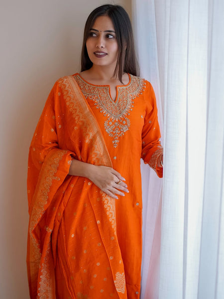 Silk Blend Kurta Set With Zcard Dupatta