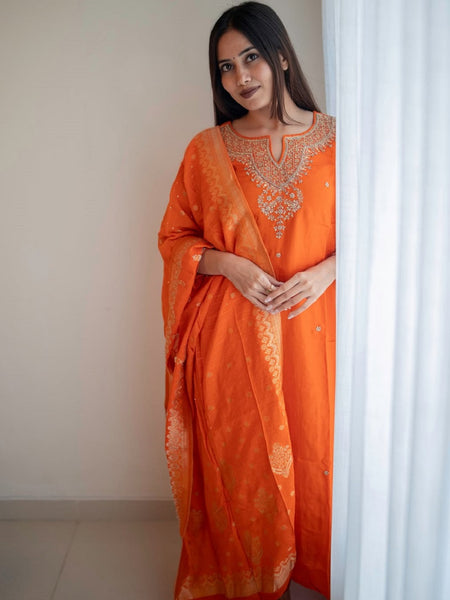Silk Blend Kurta Set With Zcard Dupatta