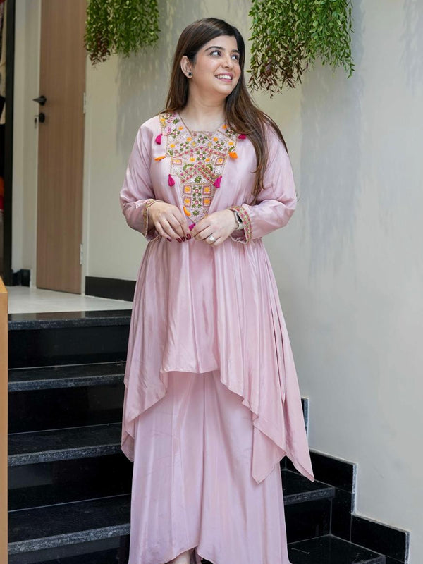Women's French Crepe Embroidered Kurta Palazzo Set