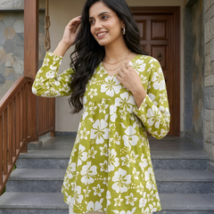 Women’s White-Parrot Cotton Printed Flared Kurti