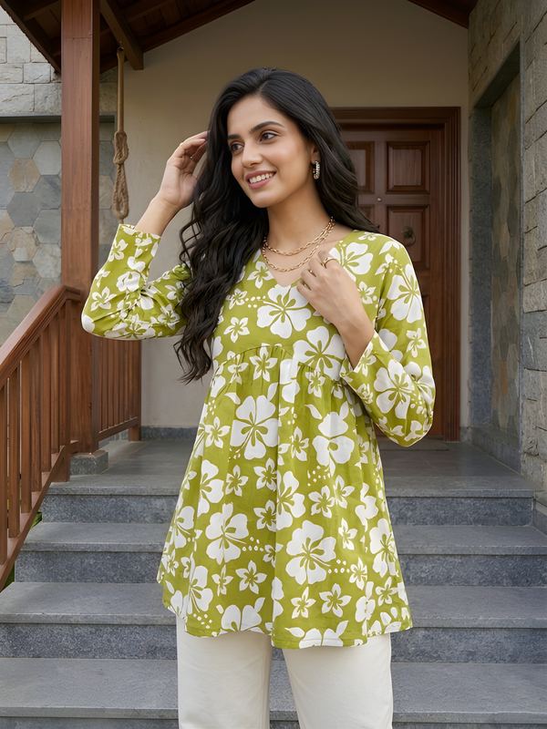 Women’s White-Parrot Cotton Printed Flared Kurti