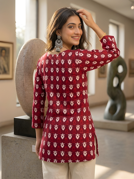 Women’s Maroon Cotton Printed Short Tunic