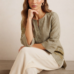 Women’s Olive Green Linen Cotton Embroidered Split V-Neck Top