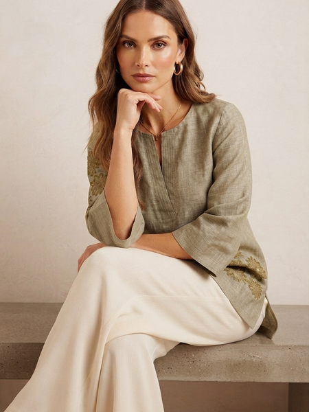 Women’s Olive Green Linen Cotton Embroidered Split V-Neck Top