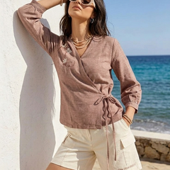 Women’s Dusty Rose Linen Cotton Embroidered V-Neck Top
