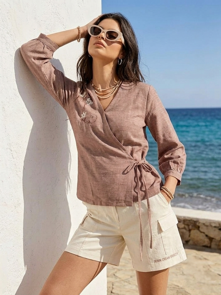 Women’s Dusty Rose Linen Cotton Embroidered V-Neck Top