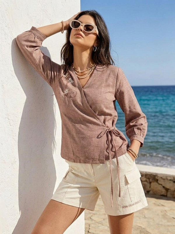 Women’s Dusty Rose Linen Cotton Embroidered V-Neck Top