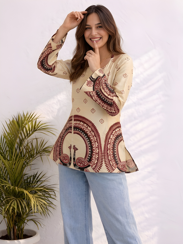 Women’s Off-White Cotton Kalamkari Print Tunic