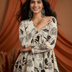 Women’s White-Black Cotton Printed Flared Kurti