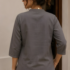 Women’s Grey Cotton Floral Printed Shirt Style Tunic