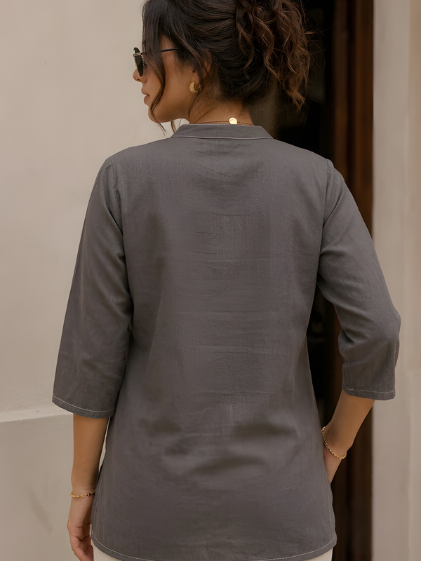 Women’s Grey Cotton Floral Printed Shirt Style Tunic