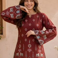 Women’s Maroon Cotton Kalamkari Bell Sleeve Tunic
