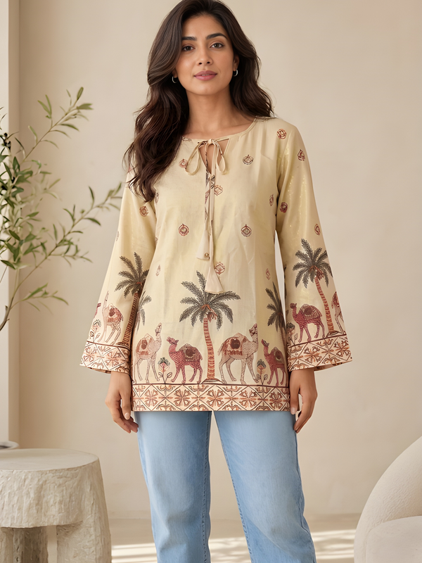 Women’s Off-White Cotton Kalamkari Printed Tunic