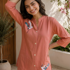 Women’s Coral Orange Cotton Floral Printed Shirt Style Tunic