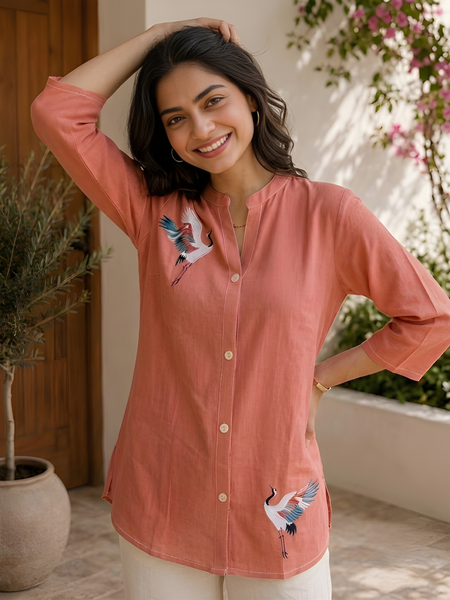 Women’s Coral Orange Cotton Floral Printed Shirt Style Tunic