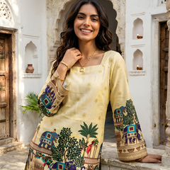 Women’s Off-White Cotton Kalamkari Tunic with Yellow Shine