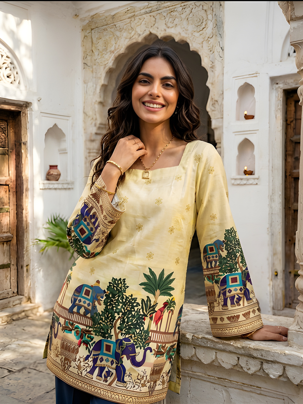 Women’s Off-White Cotton Kalamkari Tunic with Yellow Shine