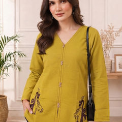 Women’s Mustard Yellow Embroidered Cotton-Silk Fancy Top