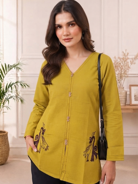 Women’s Mustard Yellow Embroidered Cotton-Silk Fancy Top