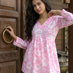 Women’s White-Pink Cotton Printed Flared Kurti