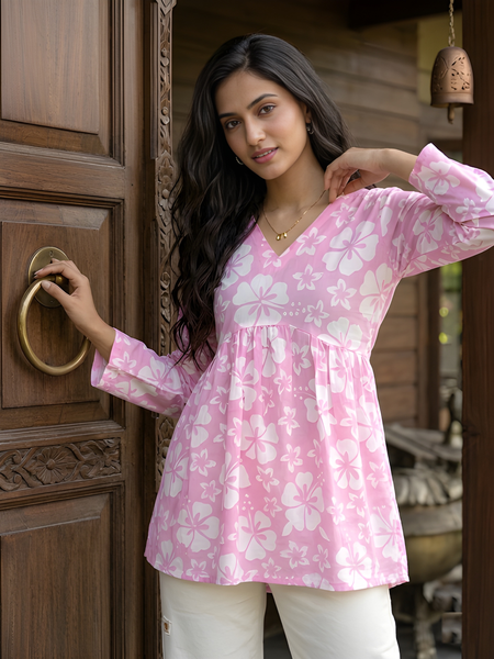 Women’s White-Pink Cotton Printed Flared Kurti