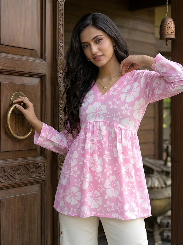 Women’s White-Pink Cotton Printed Flared Kurti
